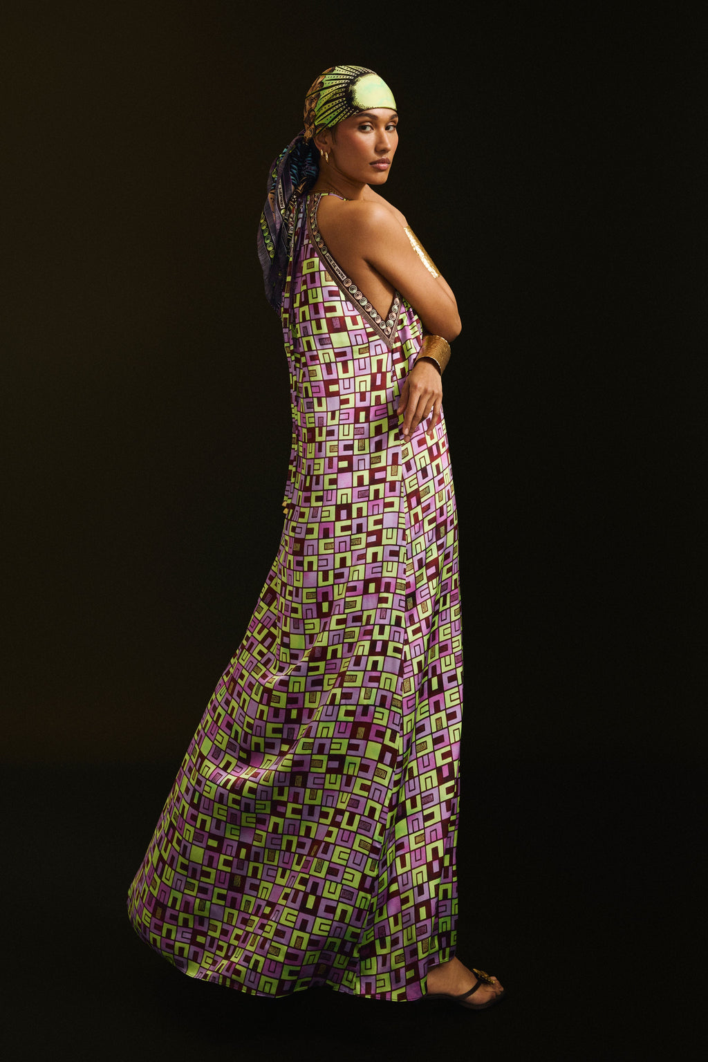Boxes Print Maxi Slip Dress